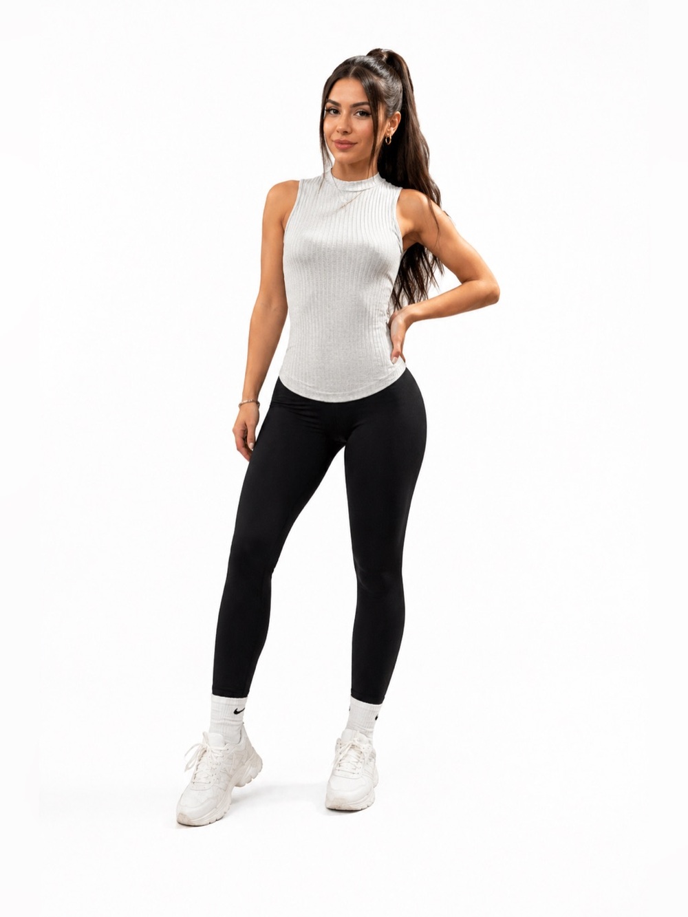 White Ribbed Sleeveless Mock Neck Top & Black Leggings Outfit